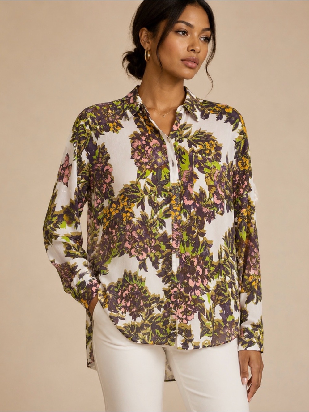 Topshop White Floral Button-Down Shirt